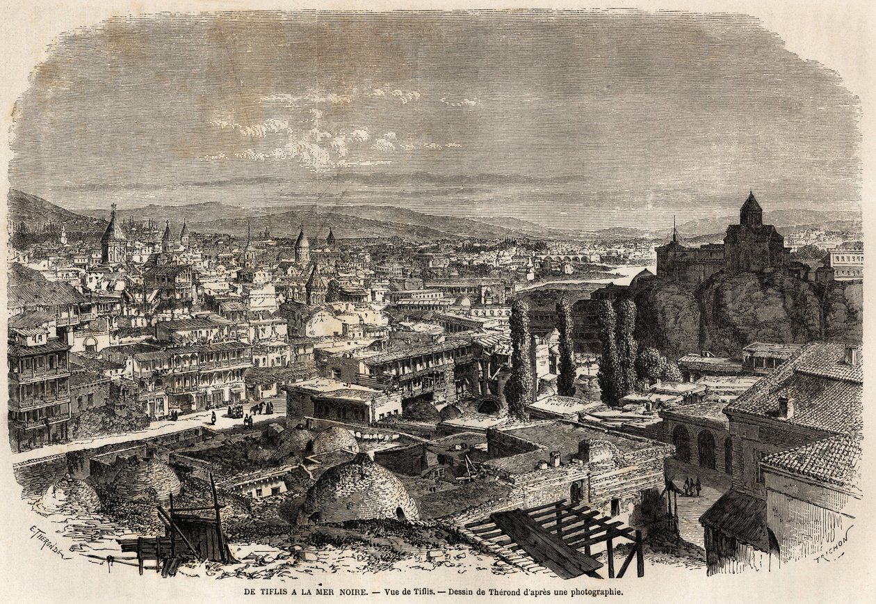 منظر لتفليس (أو تبليسي) ، رسمه ثيرون ، لتوضيح رحلة السيد موينيت عام 1858 إلى البحر الأسود وبحر قزوين. نقش في "" Le Tour du monde، nouveau journal des voyages "" باريس بواسطة إميل ثيودور ثيروند