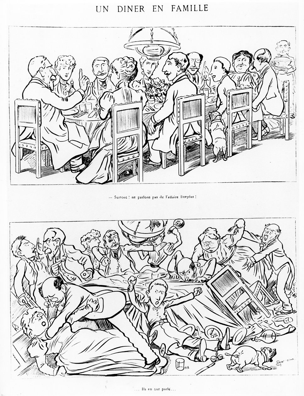 كاريكاتير عشاء عائلي قبل وبعد الحديث عن قضية دريفوس ، ج 1894 بواسطة إيمانويل بوار كاران داش
