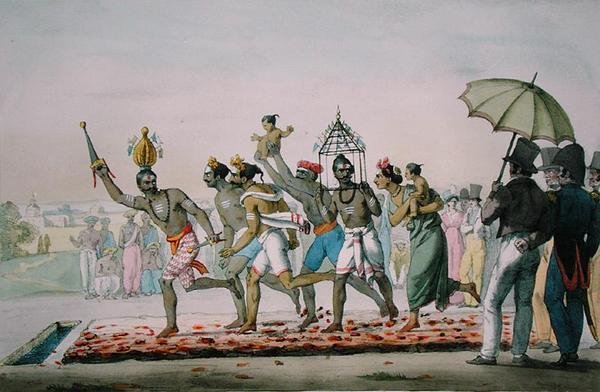 مهرجان المشي على النار ، الهند ، من 'L'Inde Francaise' ، نقش بواسطة Marlet et Cie ، بواسطة ME Burnouf ، تم نشره في 1827-1835 (لون ليثو) بواسطة إيمانويل أدولف (بعد) ميدي