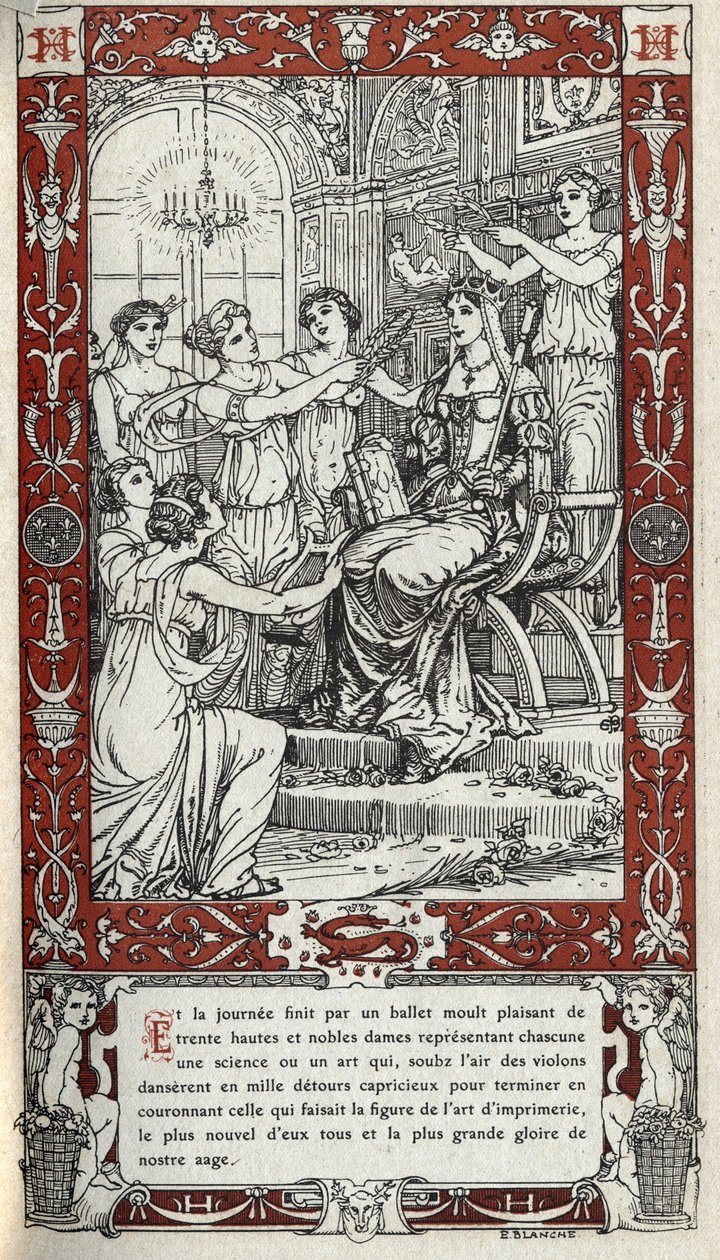 باليه في قلعة فونتينبلو حيث تمثل كل واحدة من سيدات بلاط الملك هنري الثاني (1519 - 1559) علمًا أو فنًا. نقش عام 1914 بواسطة إيمانويل بلانش (1880-1946) مجموعة خاصة من DR. بواسطة إيمانويل بلانش
