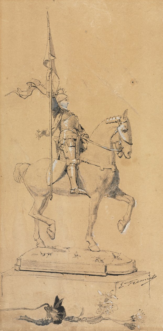 جان دارك على ظهور الخيل، ج. 1889-1899 (القلم والحبر الأسود، غسيل الحبر وزيادة اللون الأبيض) بواسطة إيمانويل فريميت