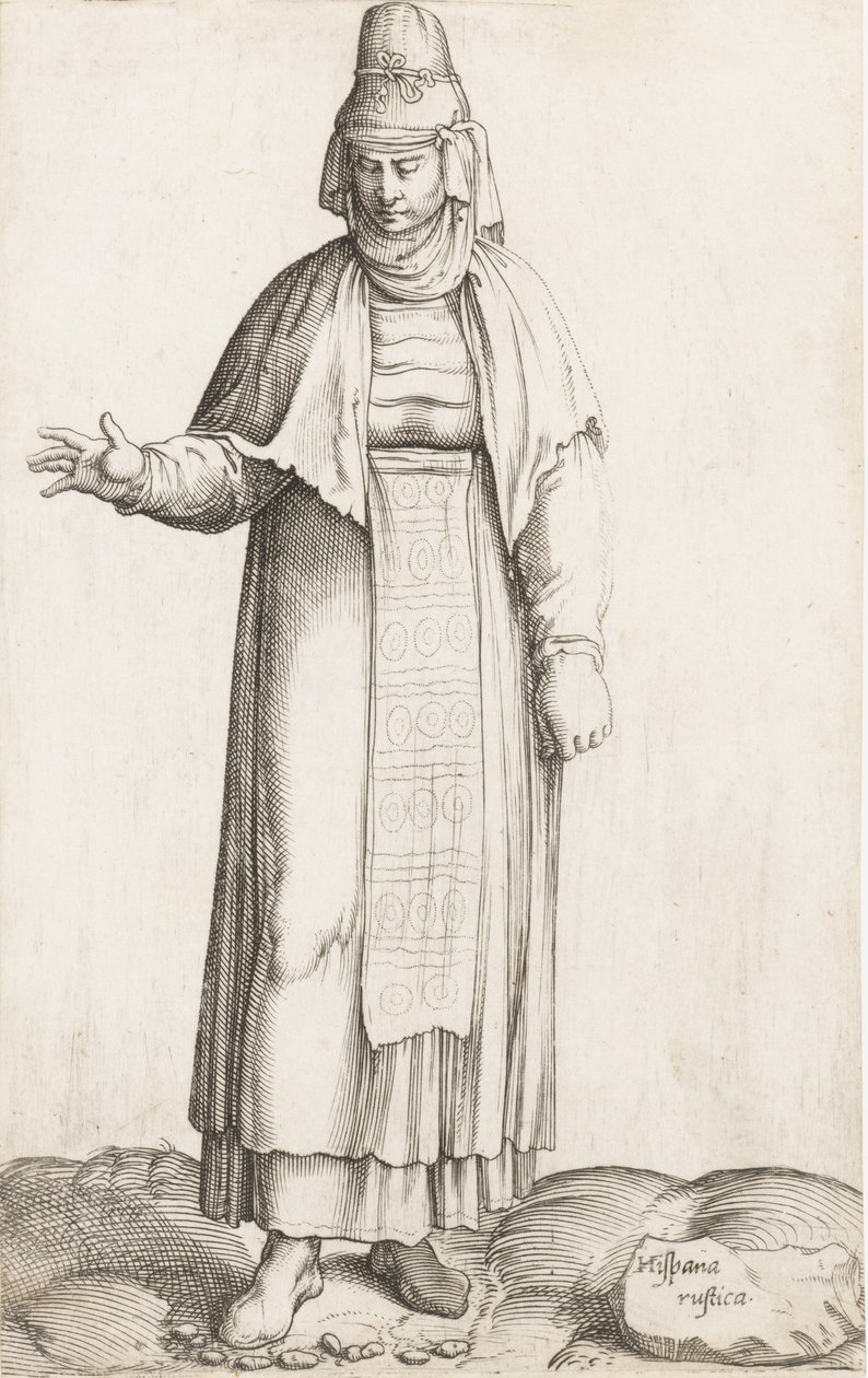 لوحة الأزياء: هيسبانا روستيكا مع ملصق على الصخرة ، كاليفورنيا. 1557-58. بواسطة Enea Vico