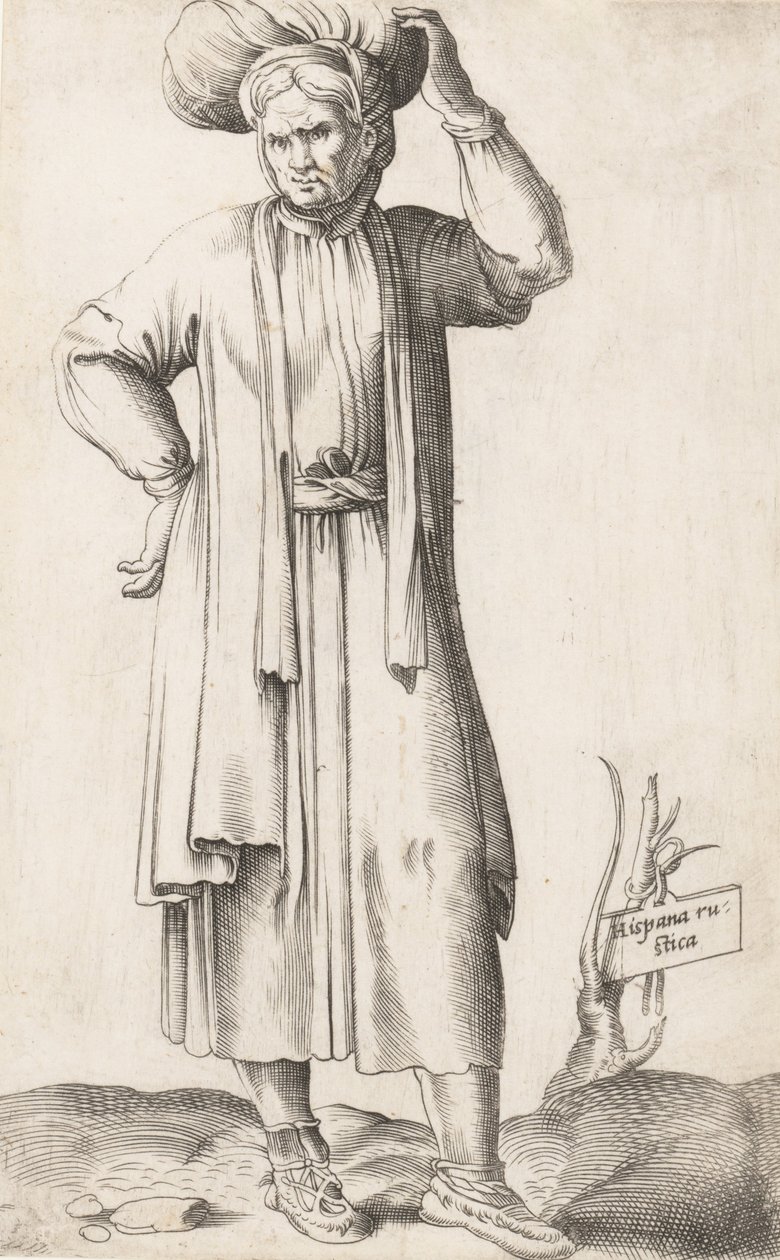 لوحة الأزياء: هيسبانيا روستيكا مع الغسيل على الرأس ، كاليفورنيا. 1557-58. بواسطة Enea Vico
