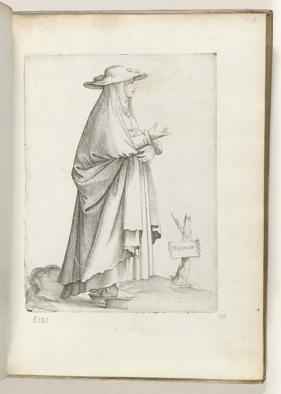 الإسبانية م (ulier) (العنوان على الكائن) Vrouw naar rechts في سبانسي كليدنج. كاليفورنيا. 1550 مواقف الدول المختلفة في عصرنا (عنوان المسلسل) بواسطة Enea Vico