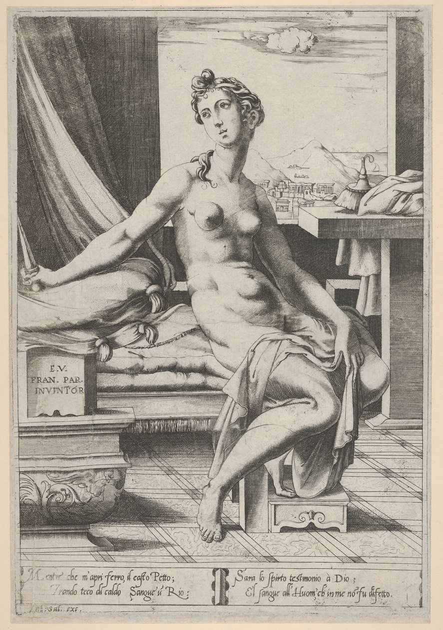 Lucretia عارية وتجلس أمام النافذة ، خنجر في يدها اليمنى وتمسك د ... ، كاليفورنيا. 1535-67. بواسطة Enea Vico