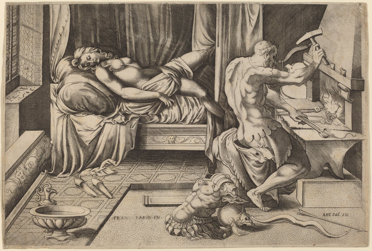 فينوس متكئ مع فولكان في هيس فورغه بواسطة Enea Vico بعد Parmigianino
