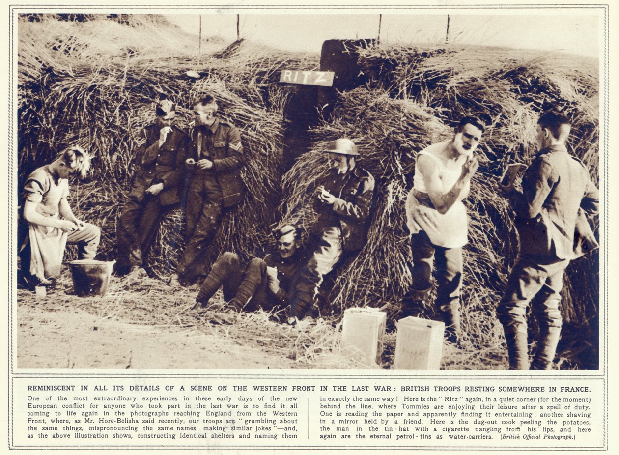 القوات البريطانية تستريح في مكان ما في فرنسا ، من أخبار الحرب المصورة ، نشرت في 1 نوفمبر 1939 بواسطة مصور انجليزى