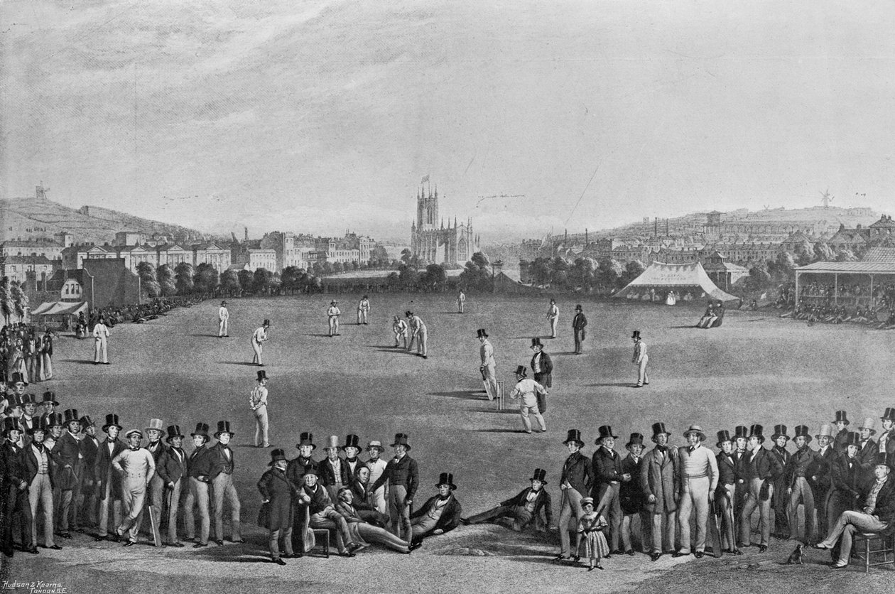 مباراة الكريكيت بين ساسكس و كينت في برايتون ، من مطبوعة نُشرت أصلاً في عام 1849 ، من الكريكيت الشهير وأراضي الكريكيت ، التي نشرها هدسون وكيرنز ، 1895 بواسطة مصور انجليزى