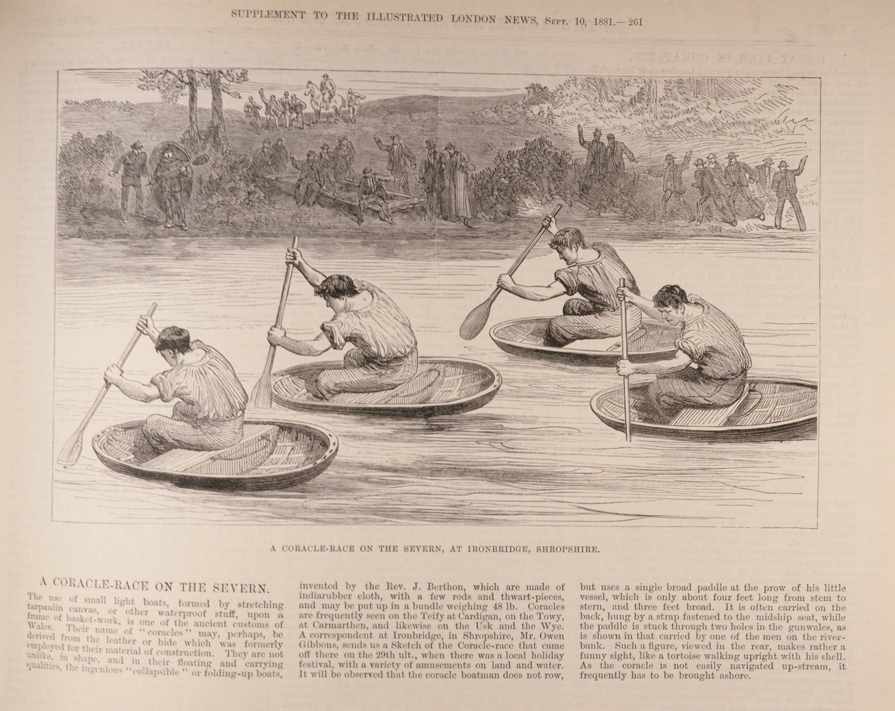 سباق Coracle على Severn في Ironbridge ، شروبشاير ، من "أخبار لندن المصورة" ، 9 أكتوبر 1881 بواسطة مدرسة اللغة الإنجليزية
