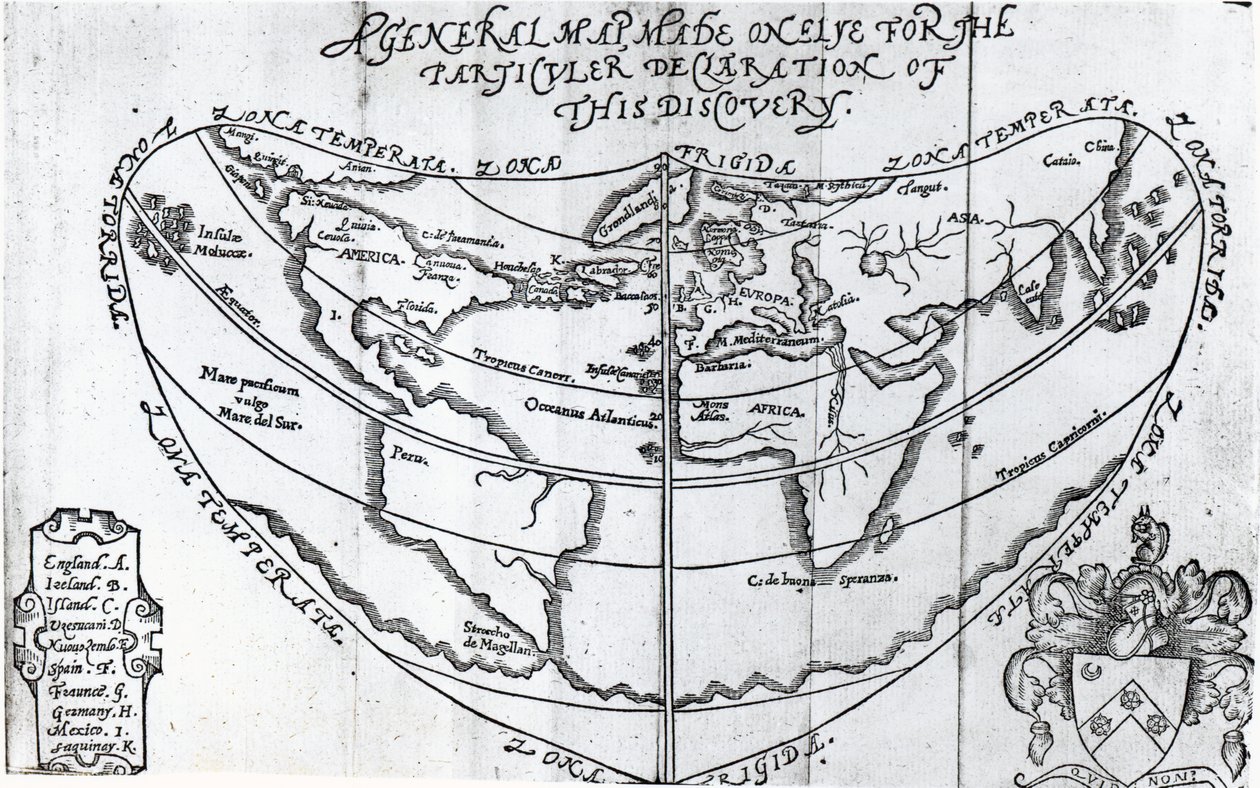 خريطة عامة ، من "خطاب اكتشاف لممر جديد إلى كاتايا" كتبها همفري جيلبرت (c.1539-83) بواسطة مدرسة اللغة الإنجليزية