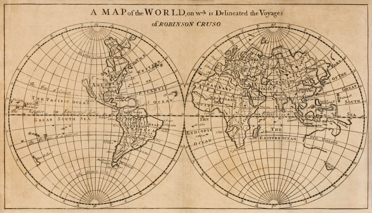 خريطة العالم التي تحددت فيها رحلة روبنسون كروزو؟ خريطة مطوية للواجهة الأمامية من؟ The Farther Adventures of Robinson Crusoe؛ كونه الجزء الثاني والأخير من حياته ، ومن ر بواسطة مدرسة اللغة الإنجليزية