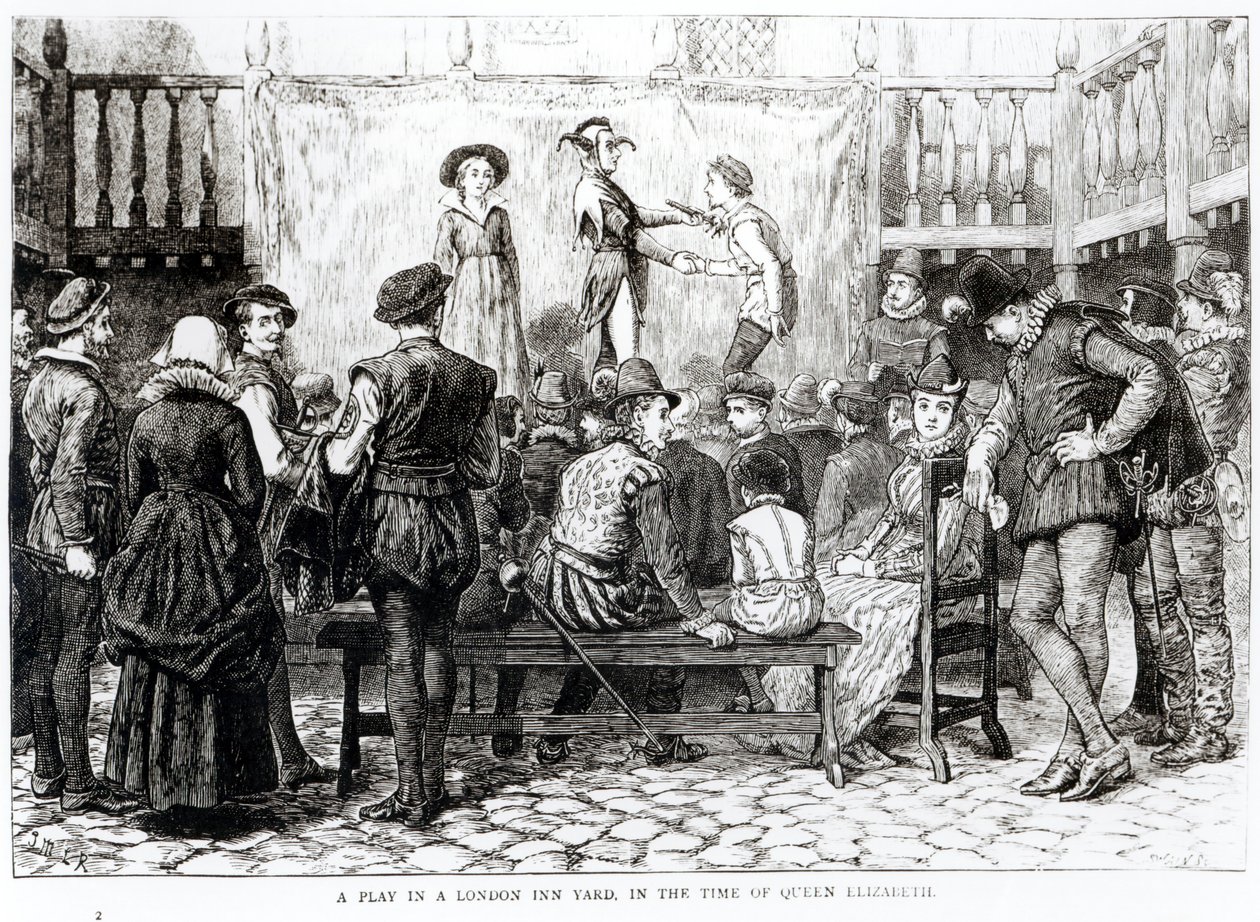 مسرحية في لندن إن يارد في زمن الملكة إليزابيث ، نقشها جوزيف سوين (1820-1909) بواسطة مدرسة اللغة الإنجليزية