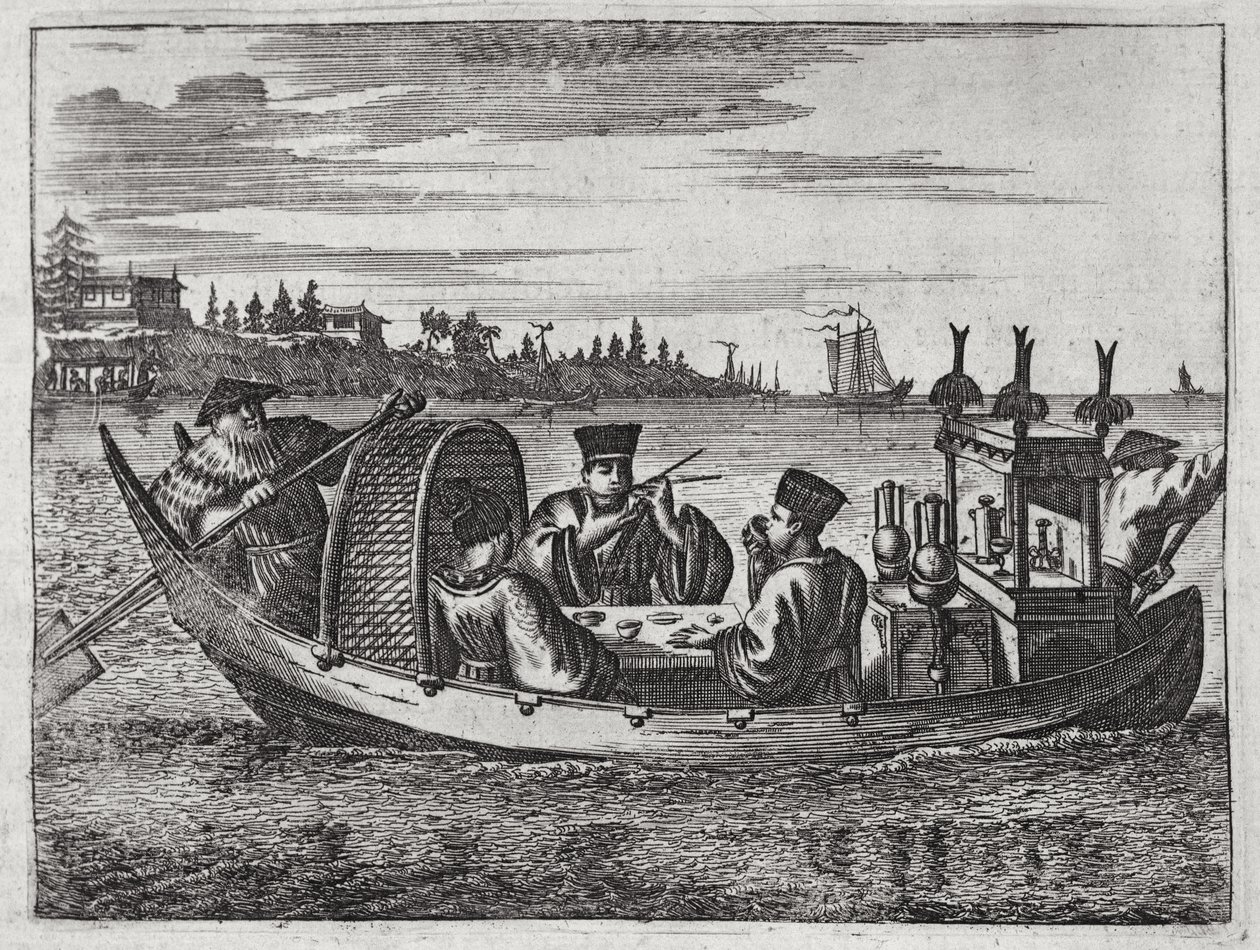 طعام ماندرين ثري في قارب ، توضيح من وصف السفارات إلى الصين ، 1690 بواسطة مدرسة اللغة الإنجليزية