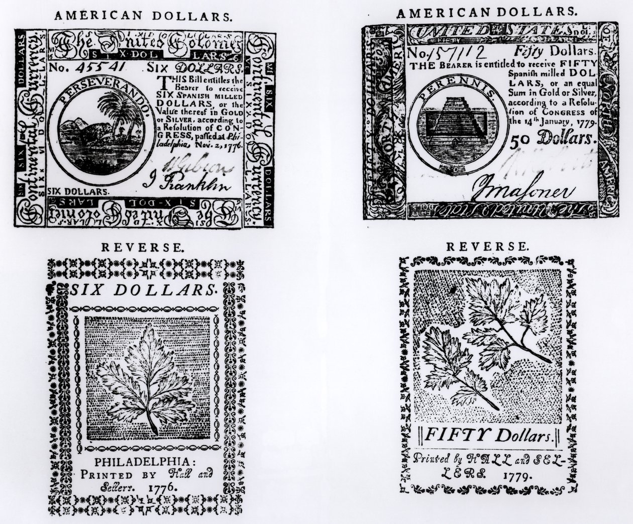 فاتورة استعمارية سداسية الدولارات عام 1776 و فاتورة أمريكية خمسين دولارًا عام 1779 بواسطة مدرسة اللغة الإنجليزية