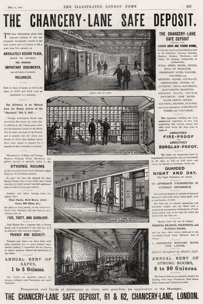 إعلان عن الإيداع الآمن لـ Chancery Lane ، من The London Illustrated London News ، 12 فبراير 1887 بواسطة مدرسة اللغة الإنجليزية