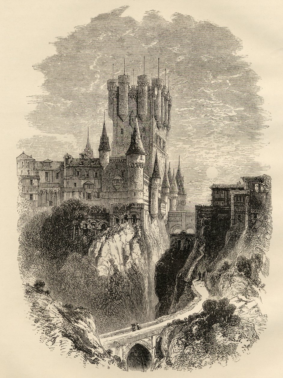 الكازار في سيغوفيا ، إسبانيا قبل حريق عام 1862 ، صورة توضيحية من "الصور الإسبانية" للقس صمويل مانينغ بواسطة مدرسة اللغة الإنجليزية