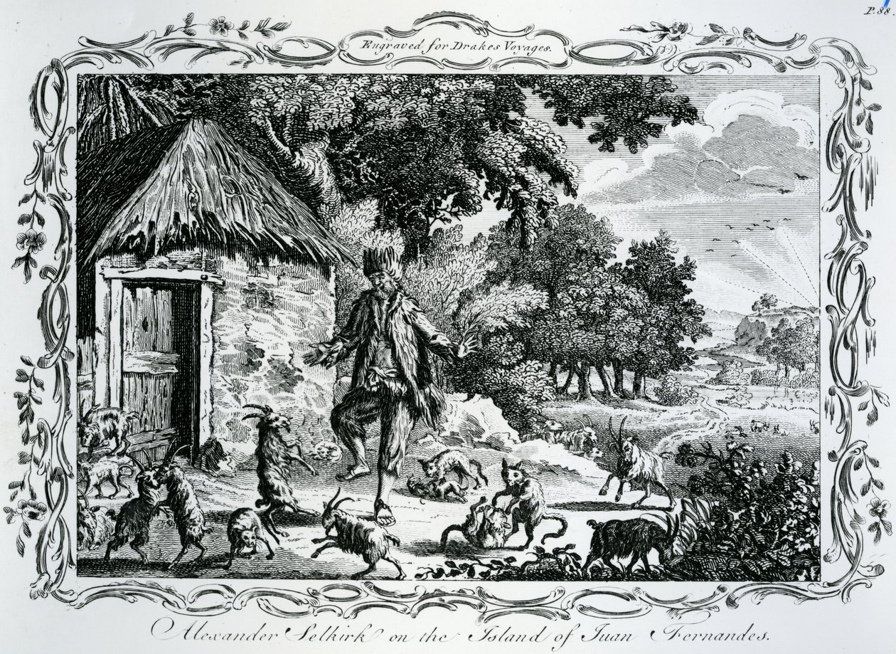 ألكسندر سيلكيرك في جزيرة خوان فرنانديز ، نُشر في "Drakes Voyages" ، 1780 بواسطة مدرسة اللغة الإنجليزية