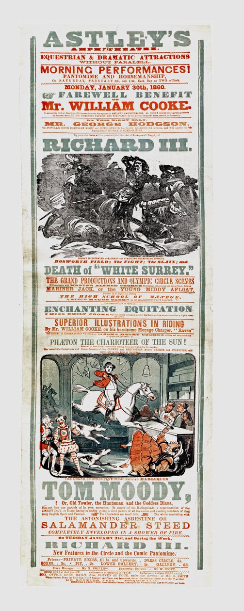 ملصق سيرك Astley الذي يعلن عن فائدة الوداع للسيد وليام كوك ، 30 يناير 1860 بواسطة مدرسة اللغة الإنجليزية
