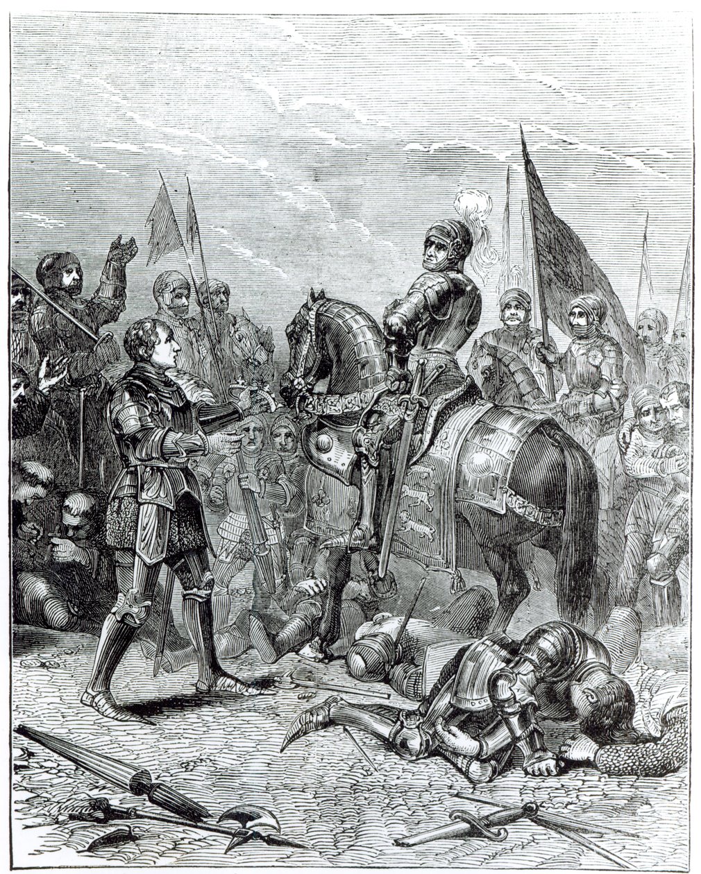 معركة بوسورث فيلد: اللورد ستانلي يجلب تاج ريتشارد الثالث (1452-1485) إلى ريتشموند ، 22 أغسطس 1485 بواسطة مدرسة اللغة الإنجليزية