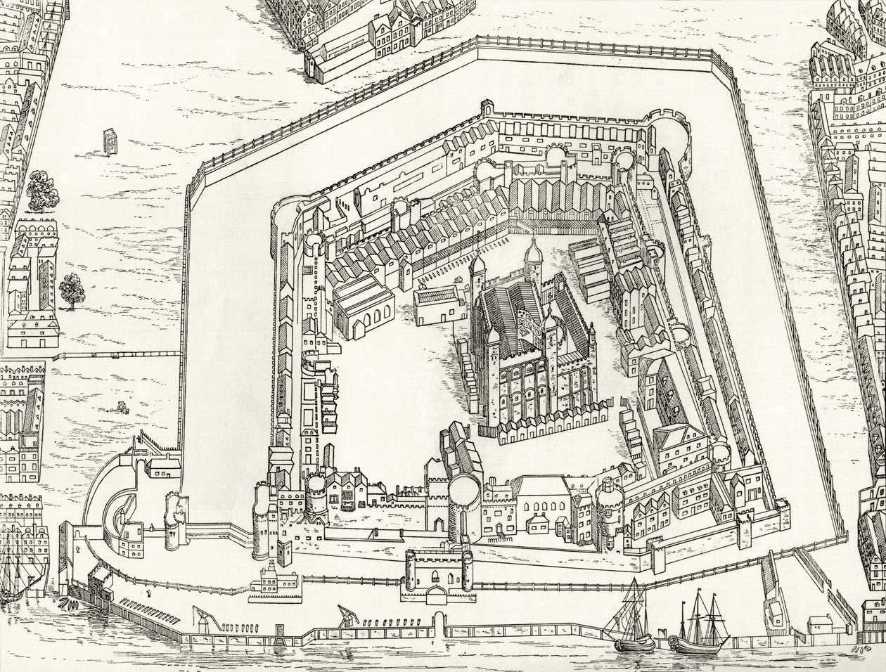 منظر عين الطير لبرج لندن عام 1688 ، من "صور لندن: مرسومة بالقلم والقلم الرصاص" ، بقلم القس ريتشارد لوفيت ، نُشر عام 1890 بواسطة مدرسة اللغة الإنجليزية
