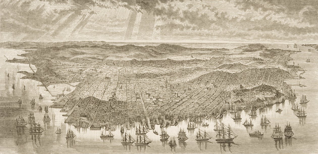 منظر عين الطائر لسان فرانسيسكو ، 1875 ، من "الصور الأمريكية" ، نشرته جمعية المسالك الدينية ، نُشر عام 1876 بواسطة مدرسة اللغة الإنجليزية