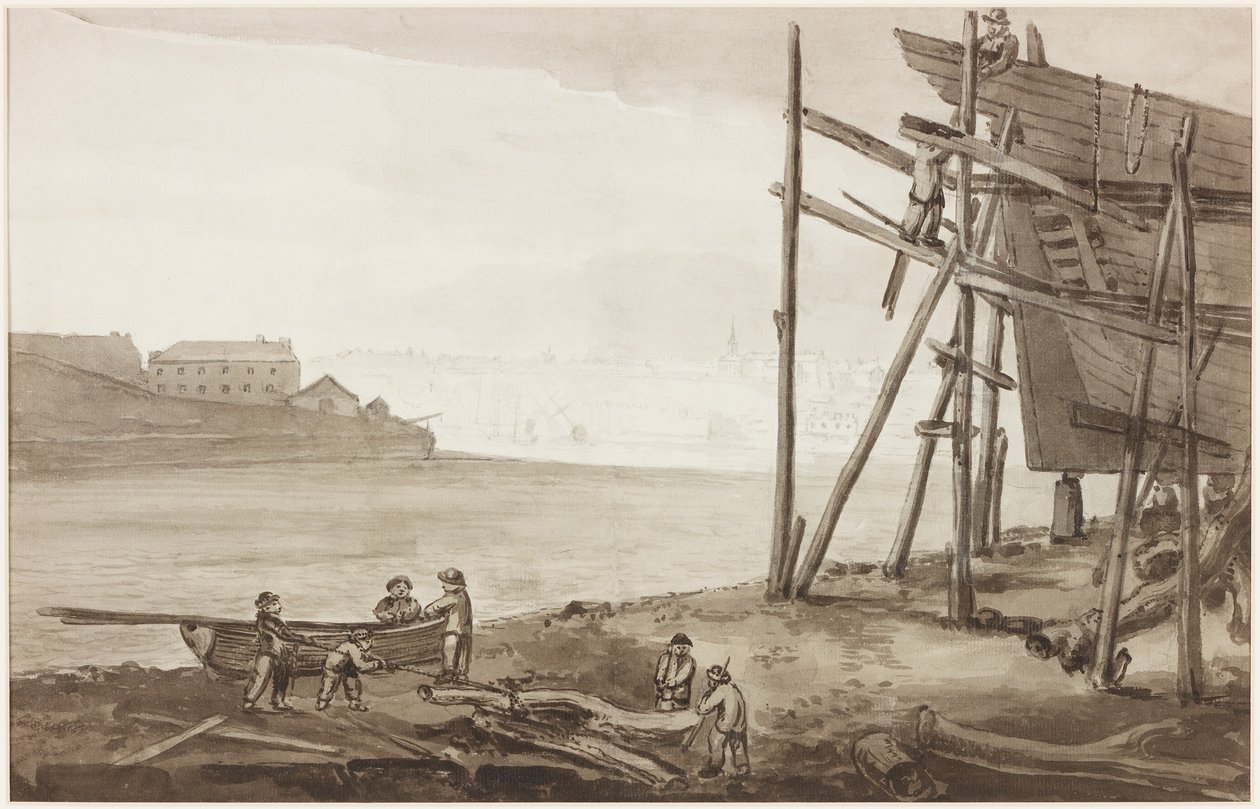 بناة القوارب على تاين ، 1820 (قلم رصاص وغسل (بني) على الورق) بواسطة مدرسة اللغة الإنجليزية