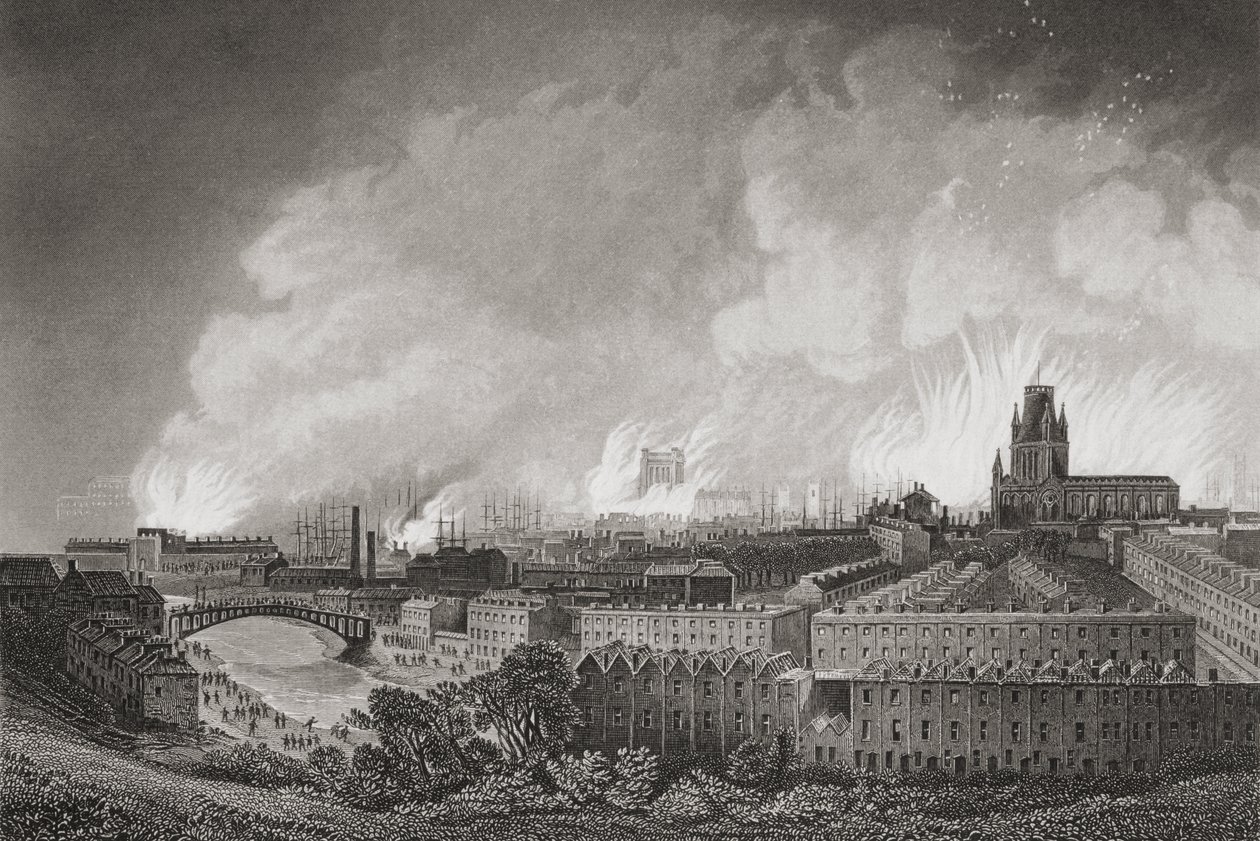 بريستول ، إنجلترا ، خلال أعمال الشغب في عام 1831 ، 1883 بواسطة مدرسة اللغة الإنجليزية