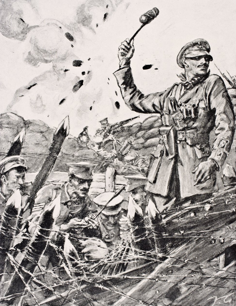 ضابط بريطاني يلقي قنابل يدوية من خندق في مهاجمة الألمان ، من &39;The War Illustrated Album deLuxe&39; ، نشر في لندن ، 1916 بواسطة مدرسة اللغة الإنجليزية