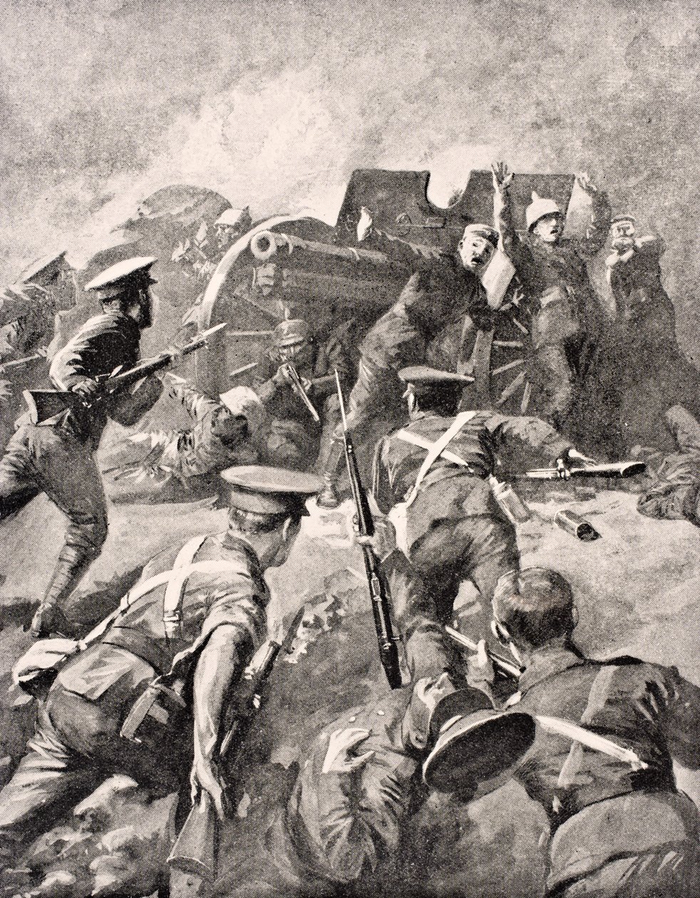 حربة جنود بريطانية تتهم المدافع الألمانية ، من `` The War Illustrated Album deLuxe &39;&39; ، نشرت في لندن ، 1916 بواسطة مدرسة اللغة الإنجليزية