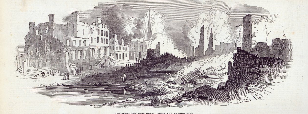 برود ستريت ، نيويورك ، بعد الحريق الأخير ، من "أخبار لندن المصورة" ، 23 أغسطس 1845 بواسطة مدرسة اللغة الإنجليزية
