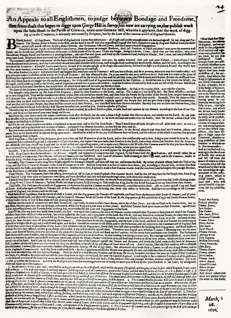 نداء Broadsheet إلى Diggers ، نشر 1650 بواسطة مدرسة اللغة الإنجليزية