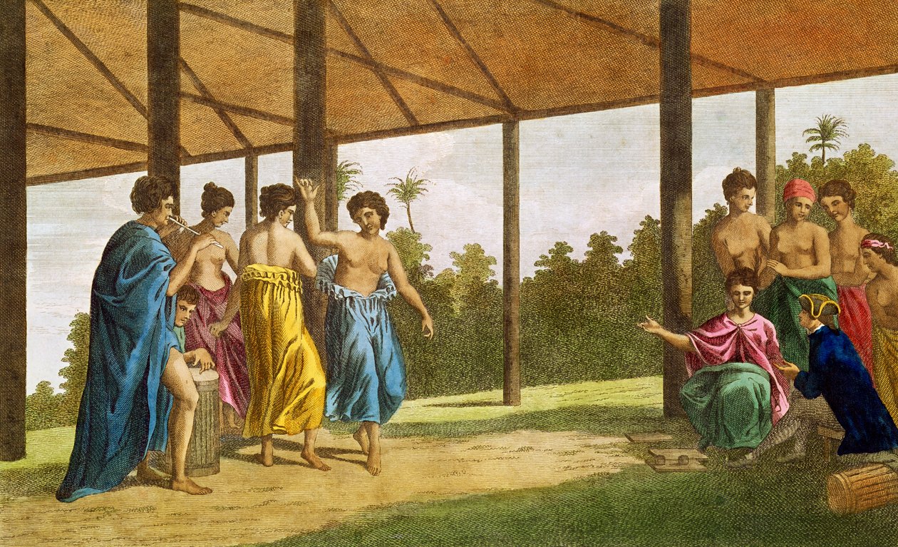 الكابتن واليس ، لدى وصوله إلى أوتاهيت ، في محادثة مع أوبرا الملكة بواسطة مدرسة اللغة الإنجليزية