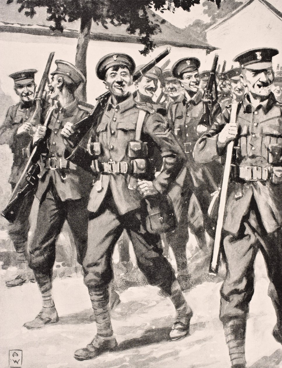 رسم شبيه بالصور الكاريكاتورية للقوات البريطانية الواثقة في طريقها إلى خط الجبهة الغربية ، 1915 ، من "ألبوم الحرب المصور دي ديلوكس" ، نُشر في لندن ، 1916 بواسطة مدرسة اللغة الإنجليزية