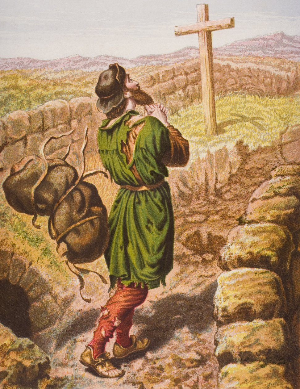 يفقد كريستيان عبئه على الصليب ، التوضيح من "تقدم الحاج" لجون بونيان (1628-1688) بواسطة مدرسة اللغة الإنجليزية