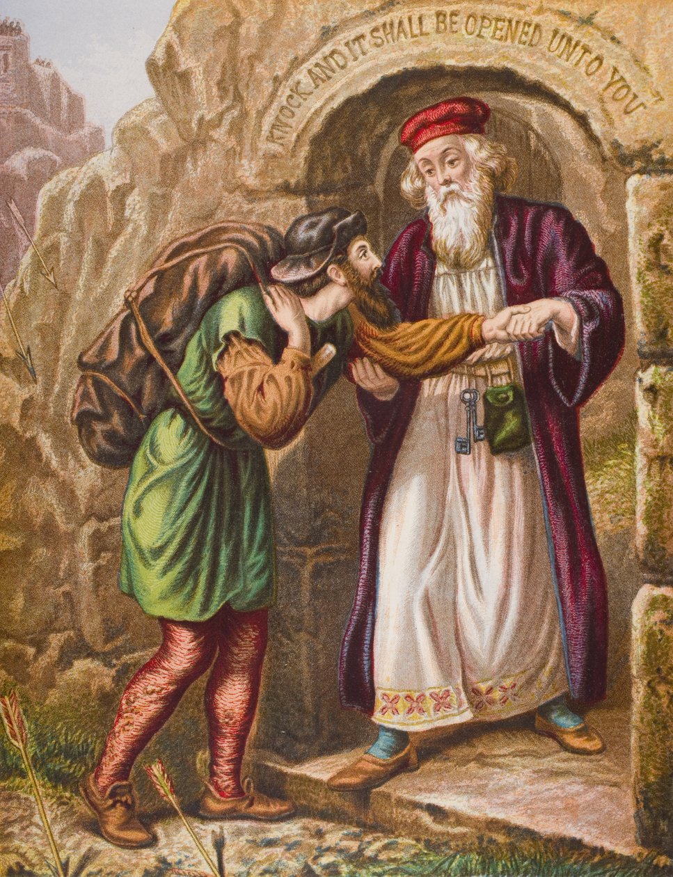 وصول كريستيان إلى بوابة ويكيت ، رسم توضيحي من "تقدم الحاج" لجون بونيان (1628-1688) بواسطة مدرسة اللغة الإنجليزية
