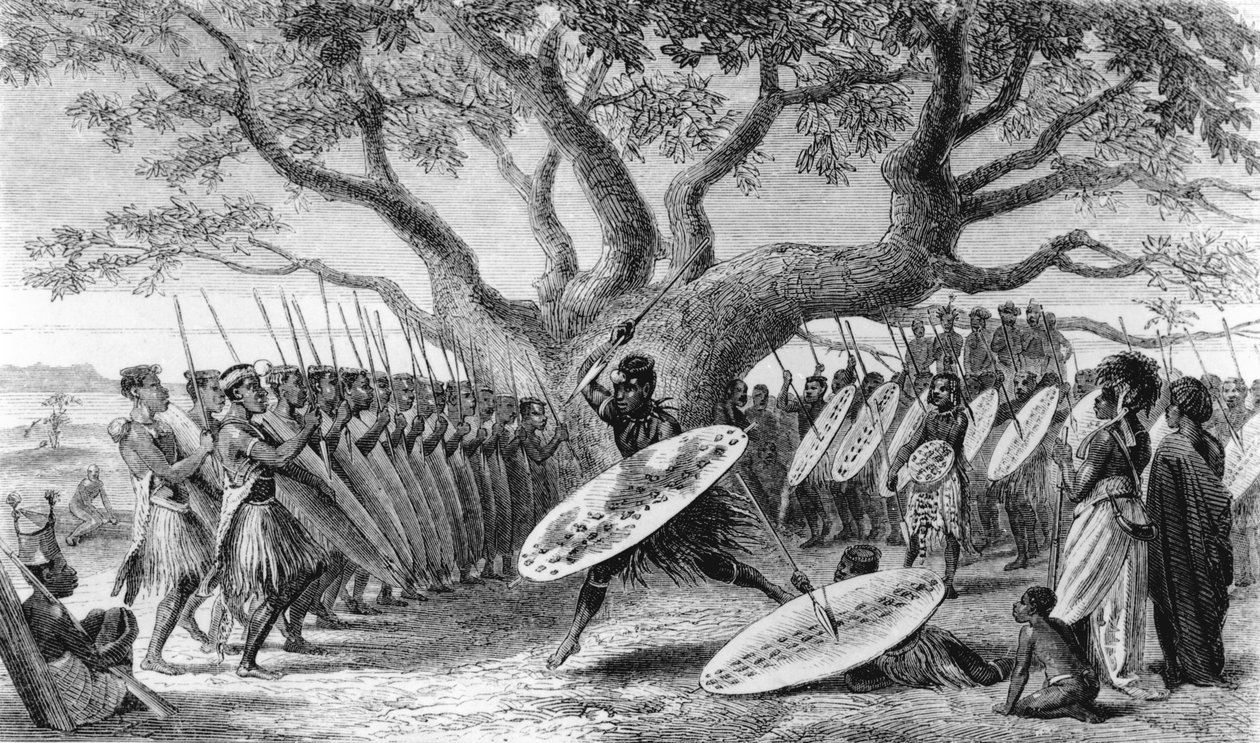 رقصة Landeens ، أو Zulus ، وصلت إلى Shupanga لرفع الجزية السنوية للبرتغاليين ، نقشها Josiah Wood Whymper (1813-1903) بواسطة مدرسة اللغة الإنجليزية