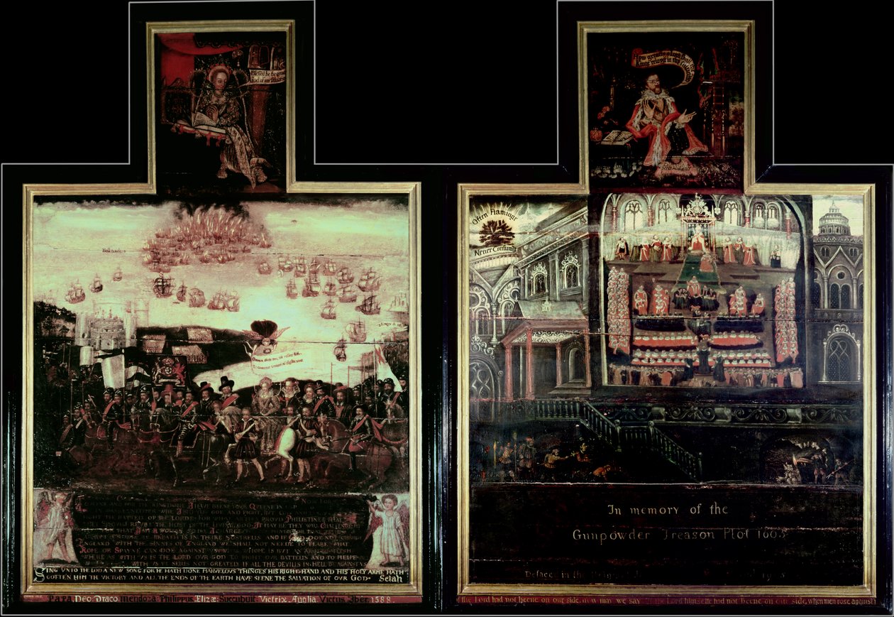 ديبتش يصور وصول الملكة إليزابيث الأولى (1530-1603) إلى تيلبيري ، وهزيمة الأرمادا الإسبانية ومخطط البارود بواسطة مدرسة اللغة الإنجليزية