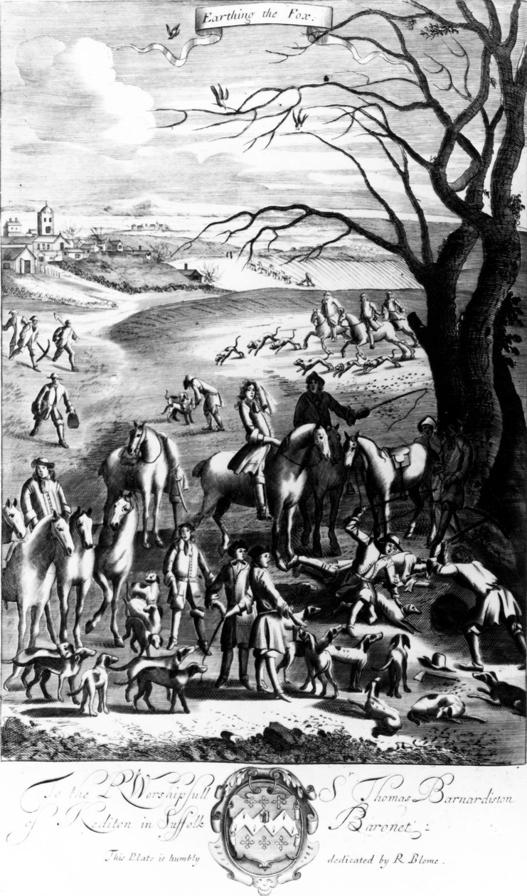 تأريض الثعلب ، رسم توضيحي من "منتزه الجنتلمان" نشره ريتشارد بلوم ، 1686 بواسطة مدرسة اللغة الإنجليزية