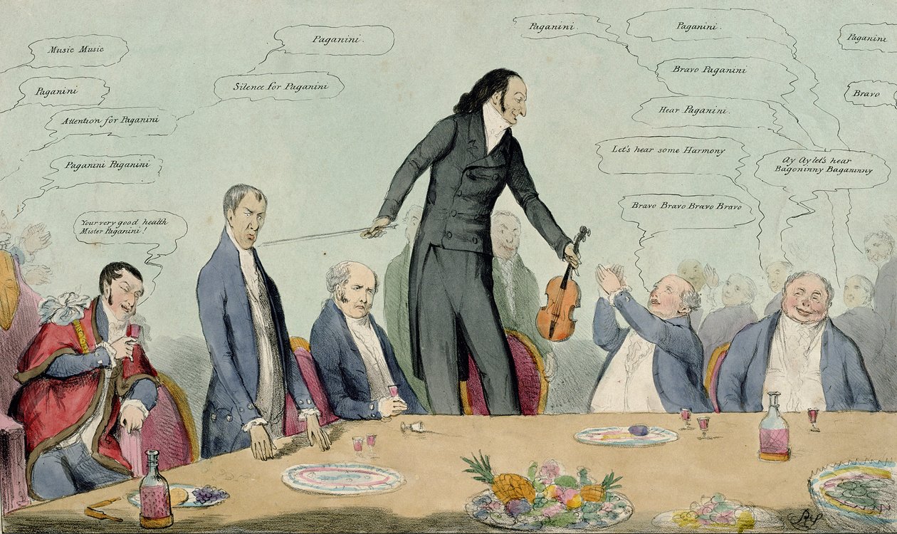 Fiddlestick مقابل Broomstick ، كاريكاتور نيكولو باغانيني ، حانة. بقلم توماس ماكلين ، 1831 (النقش الملون) بواسطة مدرسة اللغة الإنجليزية