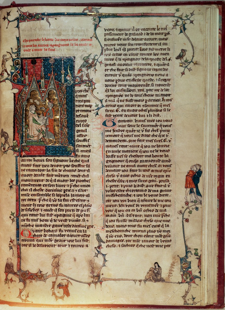 الاب 1 f.82r المجلد. I Walter Map يسرد قصة مغامرات فرسان المائدة المستديرة حول البحث عن الكأس المقدسة في إملاء الملك آرثر ، من مانشستر آرثران رومان بواسطة مدرسة اللغة الإنجليزية