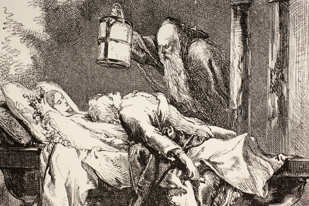 وصل الراهب لورنس إلى سرداب Capulet للعثور على روميو وجولييت وباريس ماتوا جميعًا ، من كتاب The Illustrated Library Shakespeare المنشور بلندن 1890 بواسطة مدرسة اللغة الإنجليزية