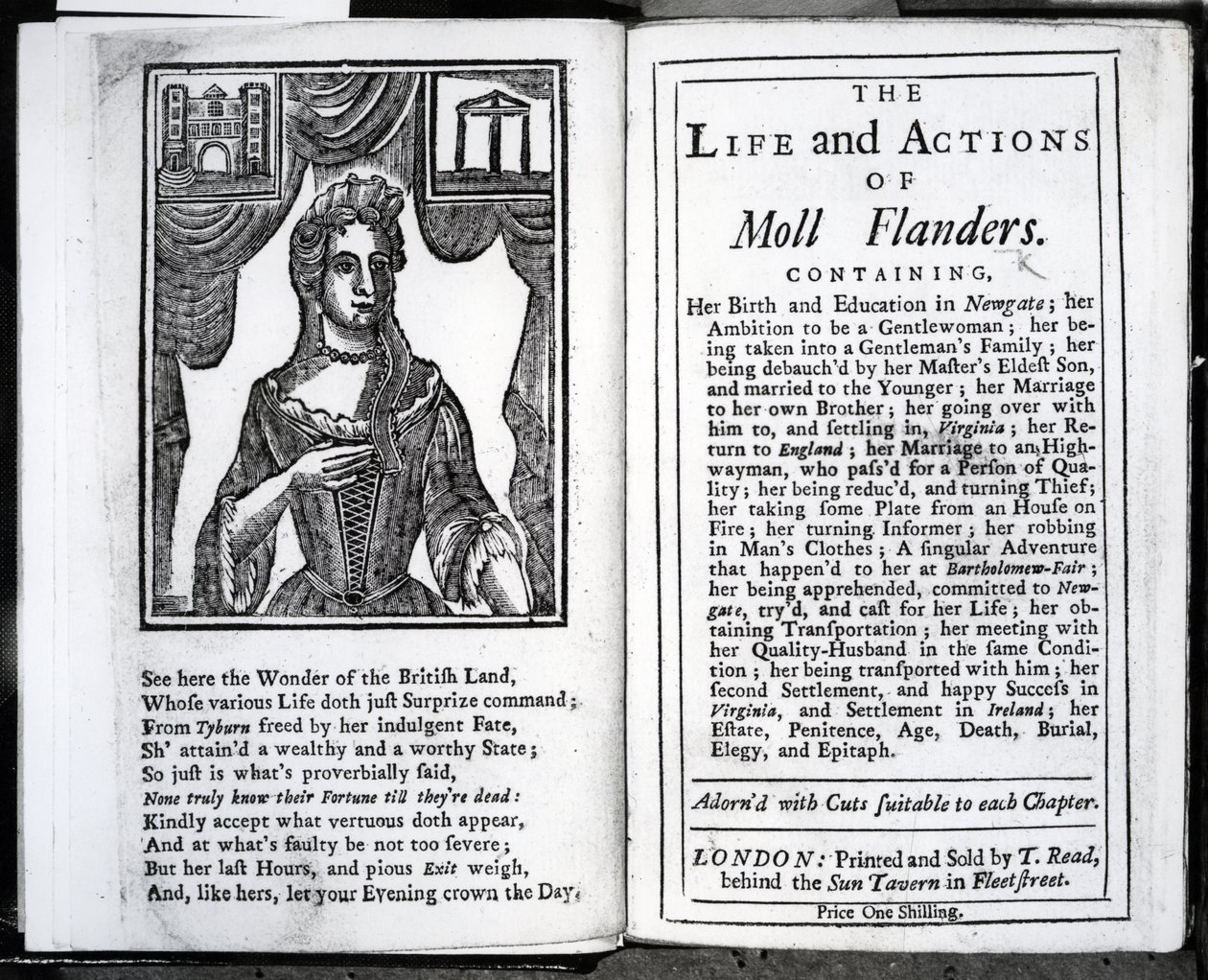 الصفحة الأمامية وصفحة العنوان لـ "حياة وأفعال مول فلاندرز" لدانيال ديفو ، نُشر عام 1723 بواسطة مدرسة اللغة الإنجليزية