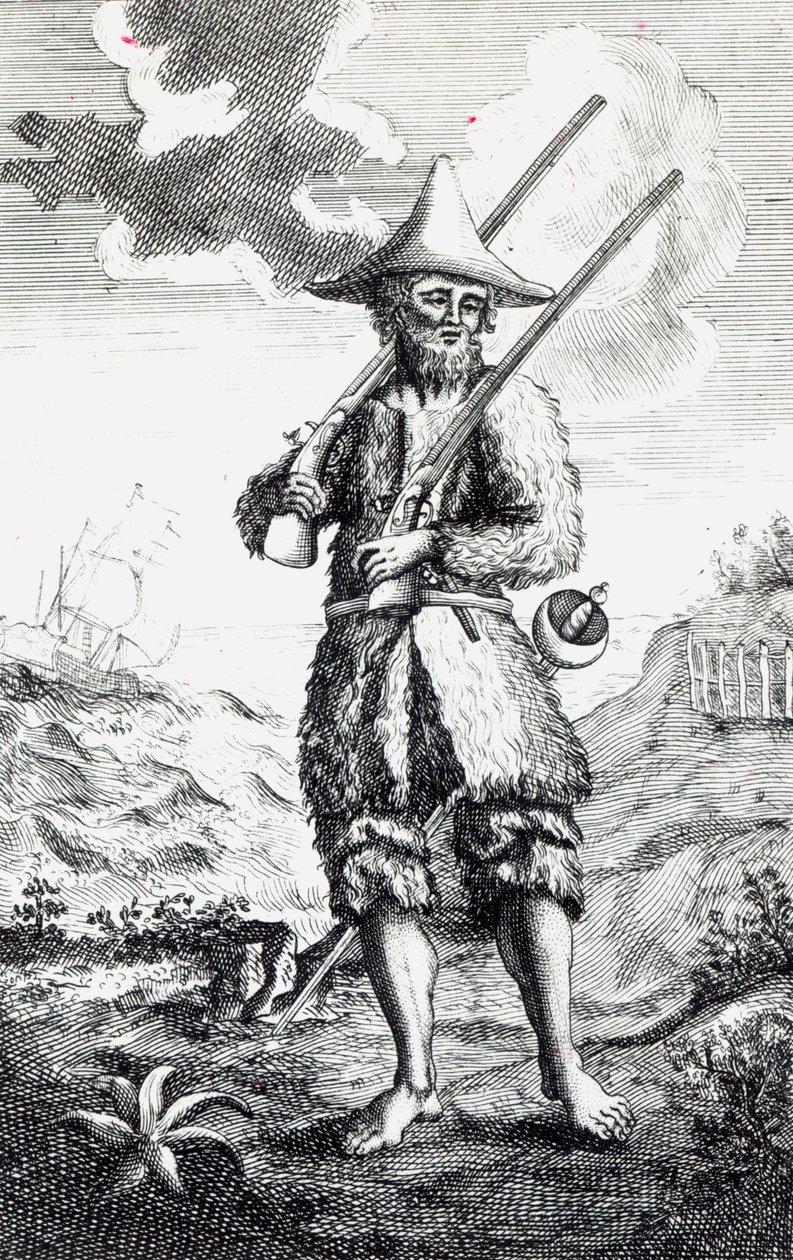Frontispiece to &39;The Life and Strange Surprising Adventures of Robinson Crusoe of York، Mariner&39; by Daniel Defoe، 1719 بواسطة مدرسة اللغة الإنجليزية