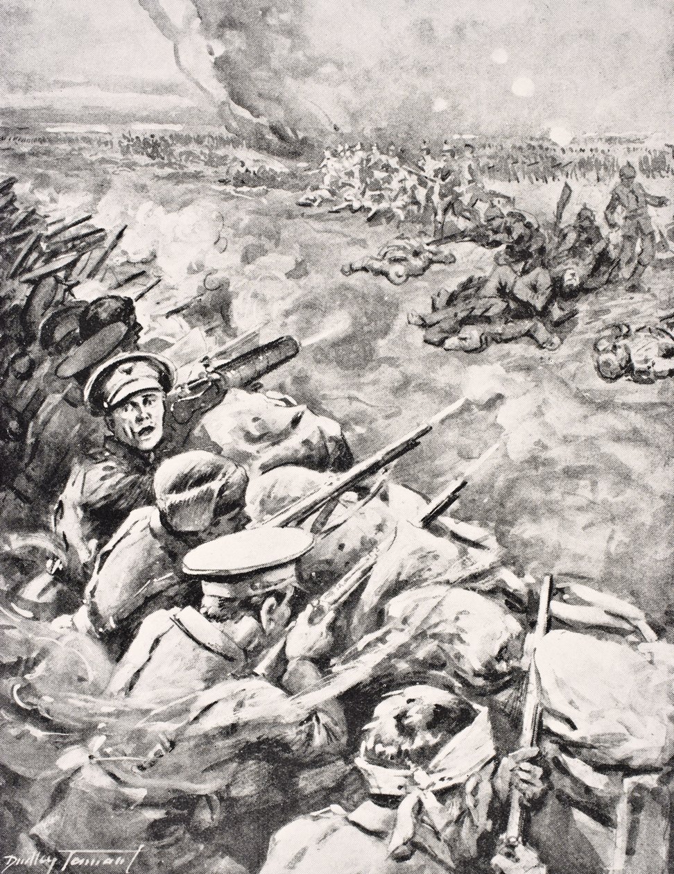 اتهمت القوات الألمانية ضد الخنادق البريطانية ، 1915 ، من `` The War Illustrated Album de Luxe &39;&39; ، المنشور في لندن ، 1916 بواسطة مدرسة اللغة الإنجليزية