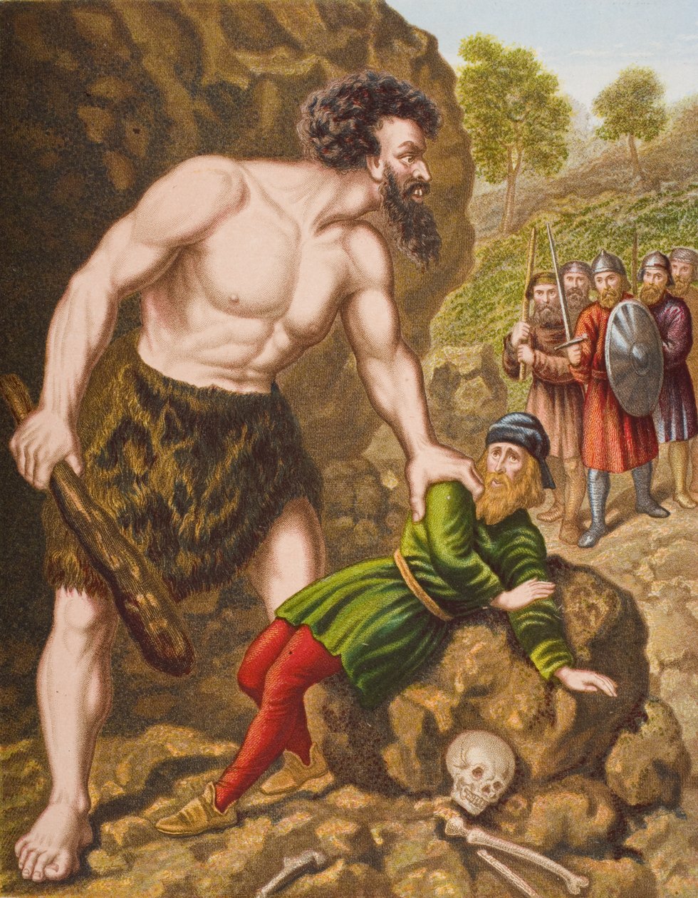 يهاجم Great-Heart ورفاقه العملاق Slay-Good ، التوضيح من "تقدم الحاج" لجون بونيان (1628-88) بواسطة مدرسة اللغة الإنجليزية