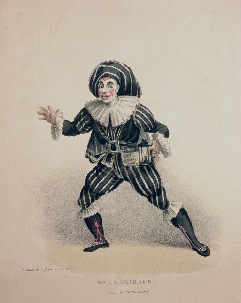 Grimaldi مثل Scaramouche ، من Commedia dellArte ، منقوش بواسطة A. Chabot ، القرن التاسع عشر (نقش ملون باليد) بواسطة مدرسة اللغة الإنجليزية