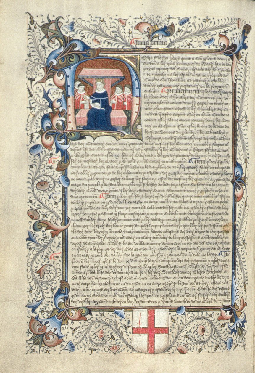 هنري الخامس (1387-1422) وبعض الحراس الذين تم تصويرهم في الحرف H الأولي ، من Cartae Antiquae ، أواخر القرن الخامس عشر بواسطة مدرسة اللغة الإنجليزية