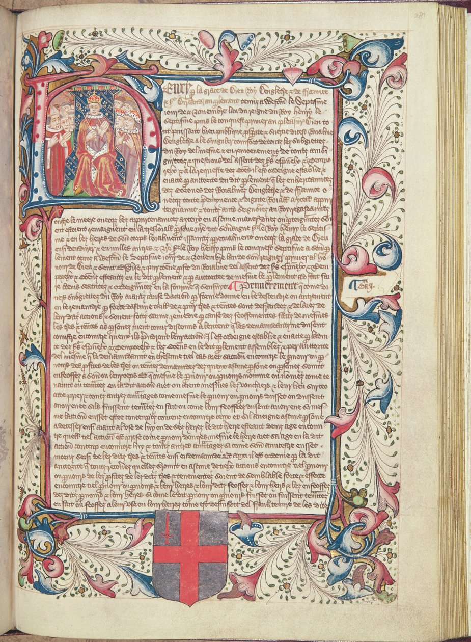 هنري السابع (1457-1509) مُصوَّر في الصفحة الأولى H ، صفحة العنوان من Cartae Antiquae ، أواخر القرن الخامس عشر بواسطة مدرسة اللغة الإنجليزية