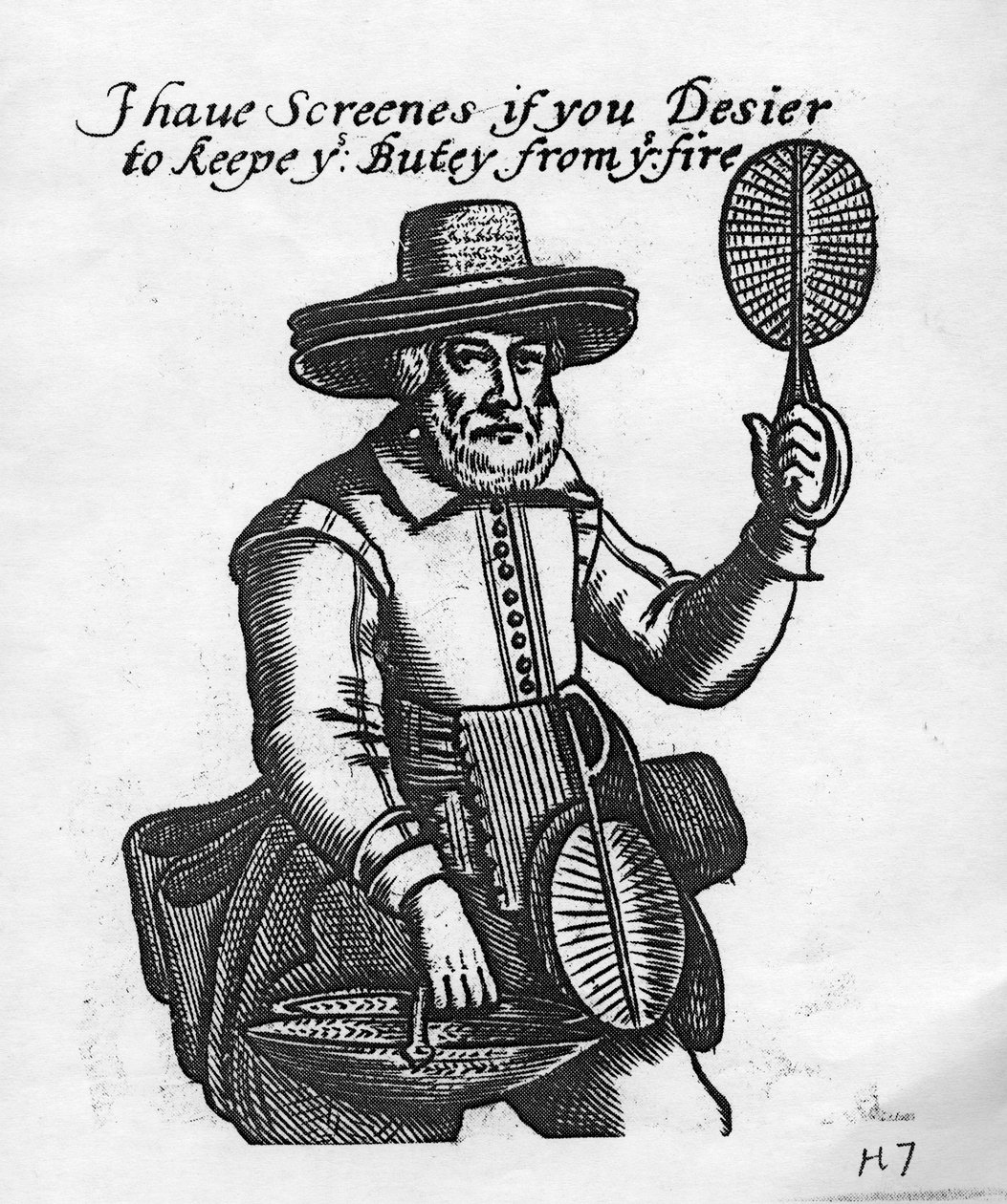 "لدي شاشات إذا كنت ترغب في إبقاء جزائك من النار" ، بائع شاشة النار ، c.1680 بواسطة مدرسة اللغة الإنجليزية
