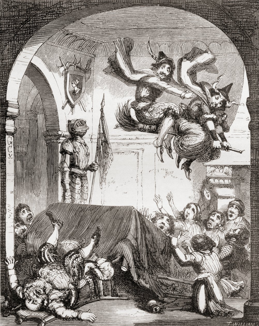 رسم توضيحي لجورج كروكشانك عن قصيدة "The Witches Frolic" ، من "The Ingoldsby Legends or Mirth and Marvels" ، بقلم توماس إنغولدسبي ، نُشر عام 1865 بواسطة مدرسة اللغة الإنجليزية